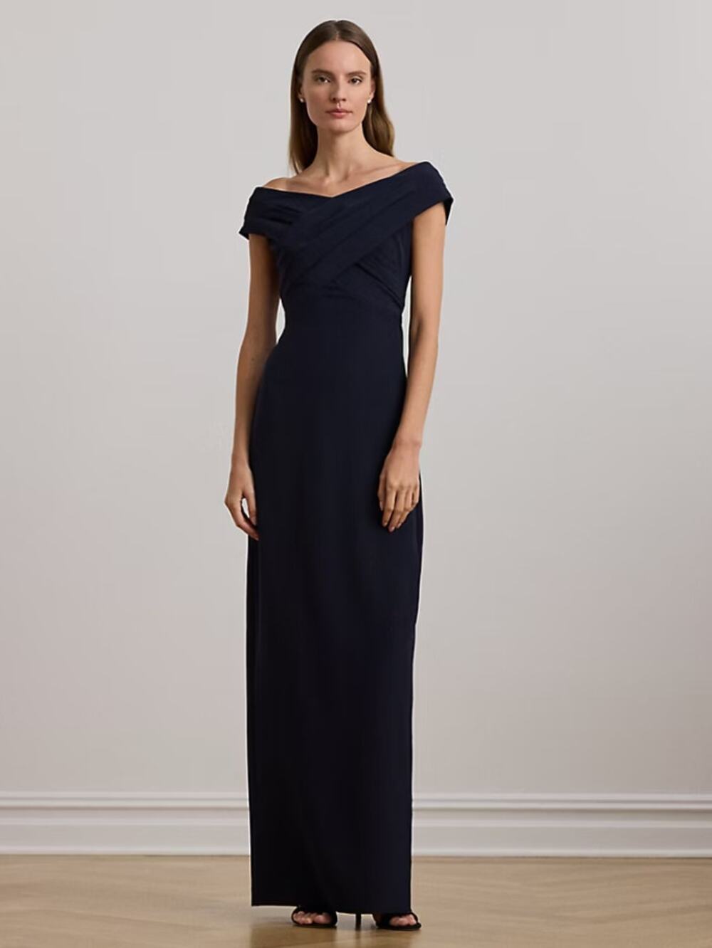 LAUREN RALPH LAUREN Crepe Off-the-Shoulder Gown Size 8 Navy Blue Formal NWT